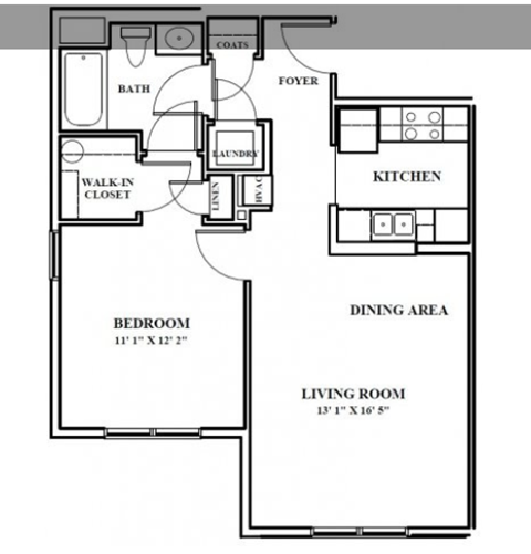 Floor plan for 1 bed, 1 bath, 687 sqft